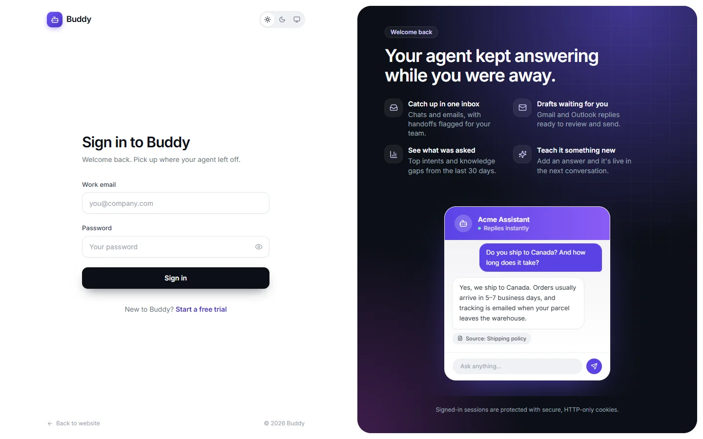 The Sign in to Buddy page